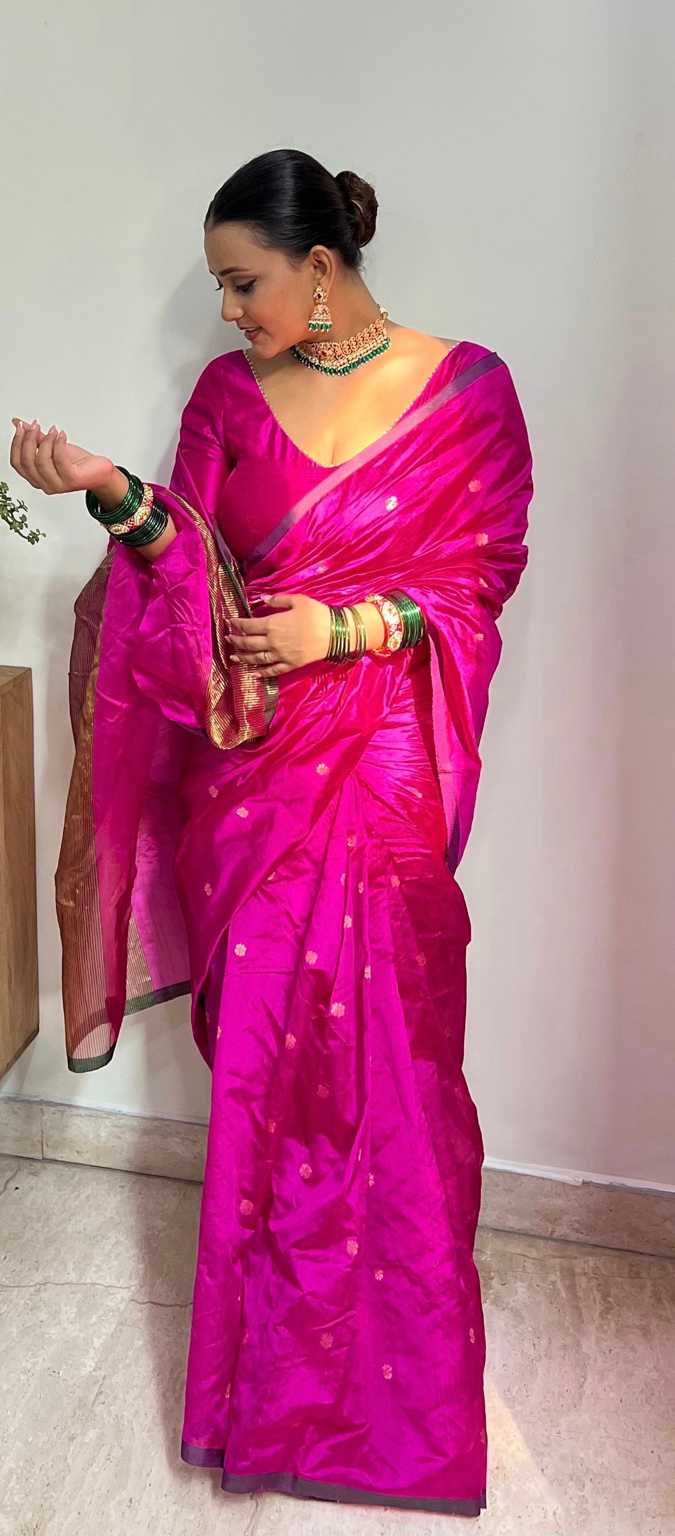 Magenta pink chanderi silk saree with flower bootis all over