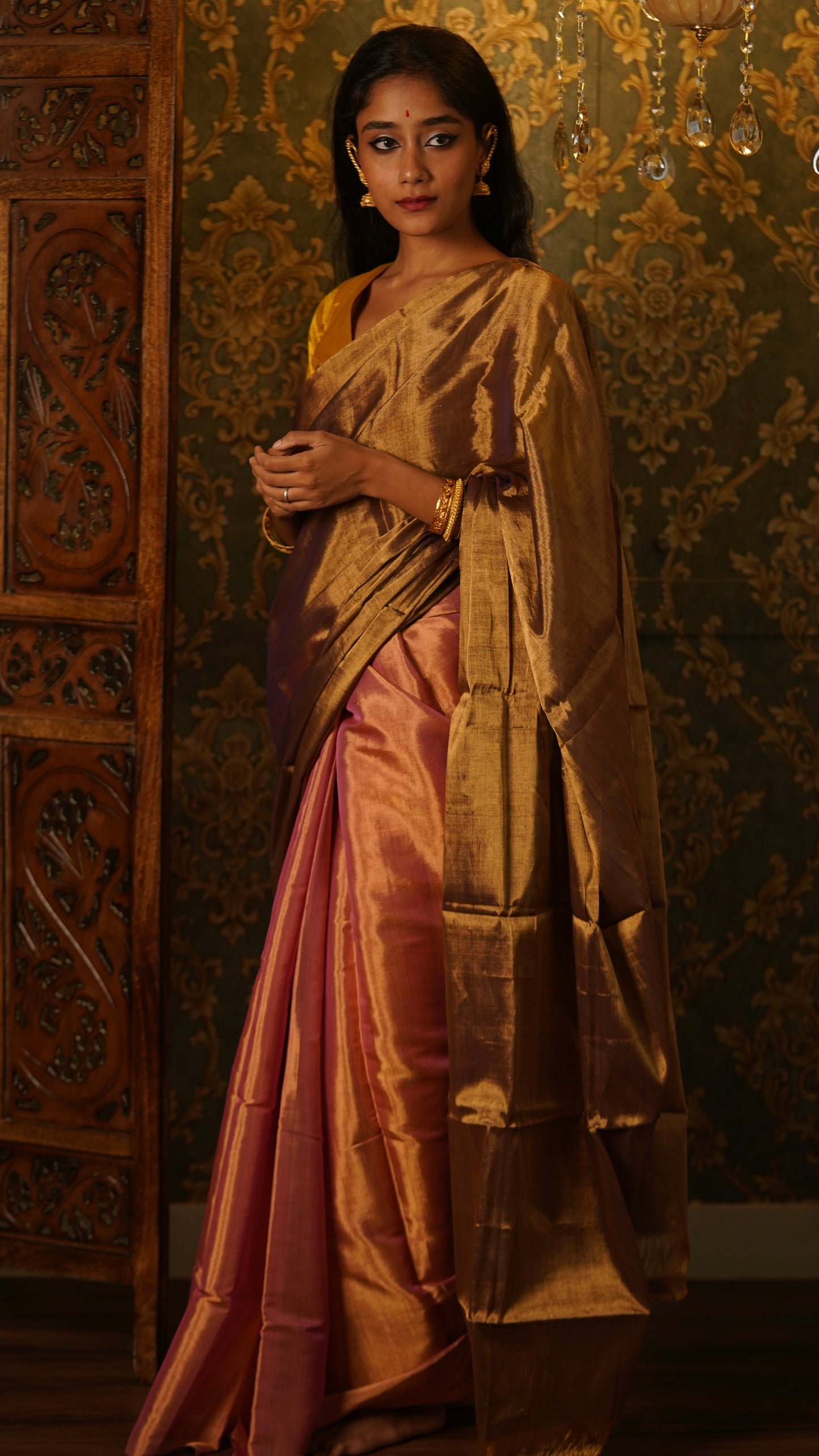 Antique gold and pink chanderi tissue silk saree