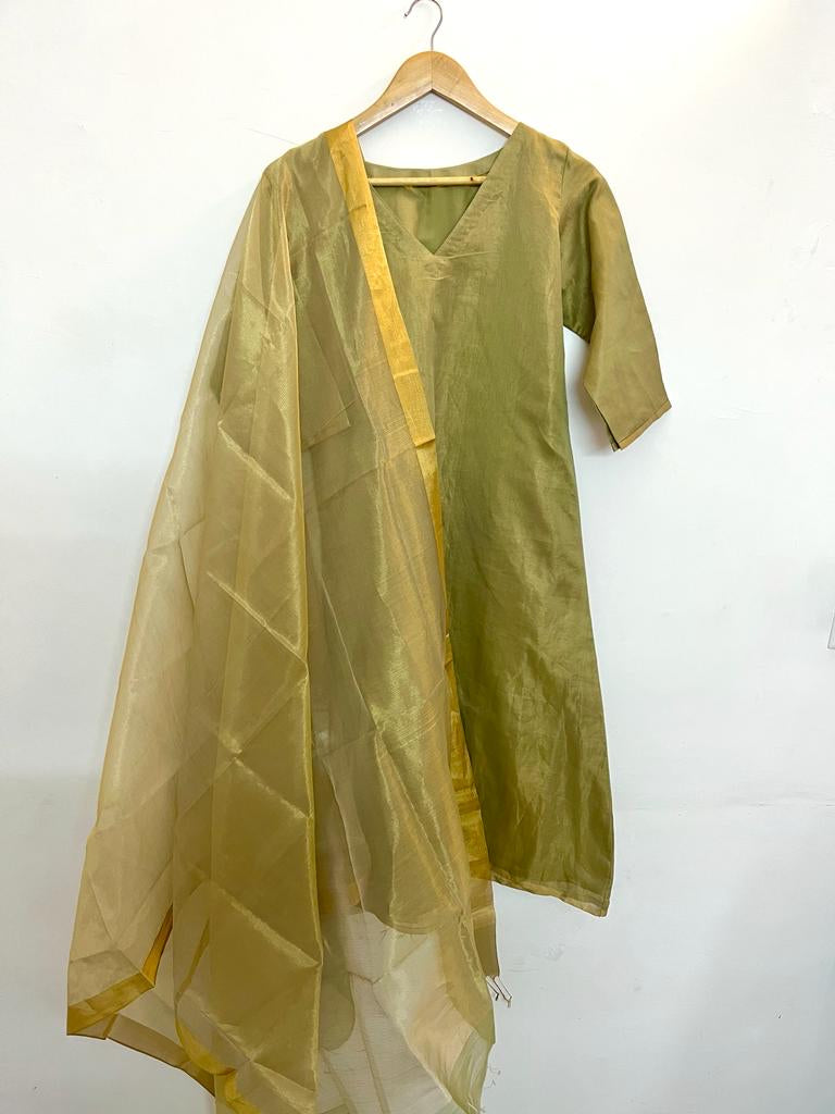 Olive Gold Maheshwari Tissue Silk Suit with Zari Lines on Dupatta