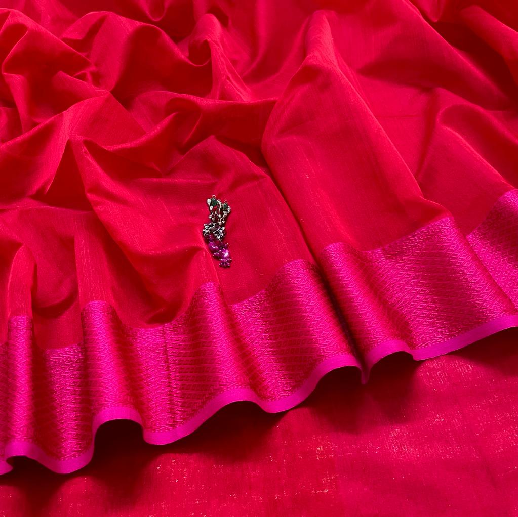 Red and pink maheshwari saree with resham border