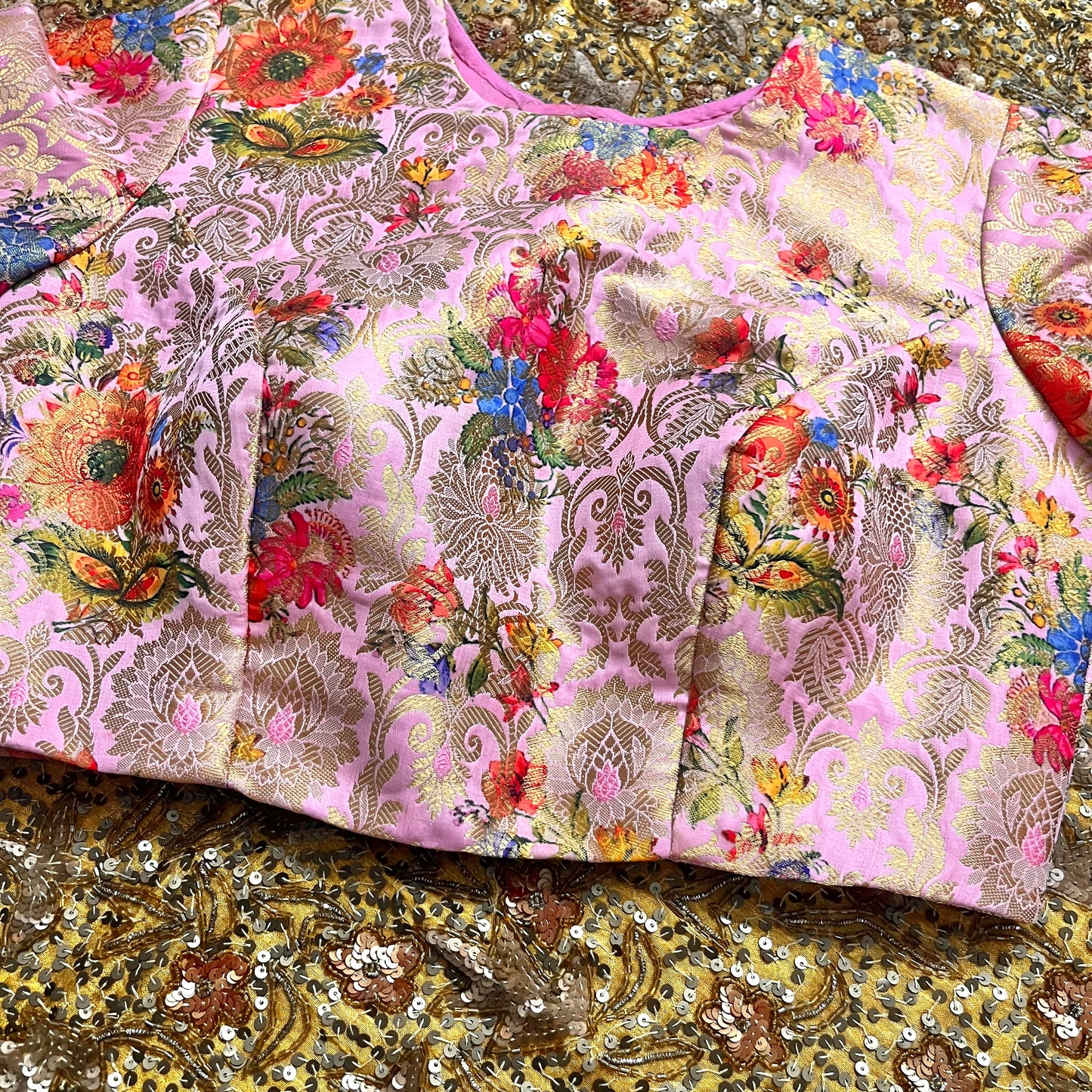 Rose pink brocade silk pre stitched blouse