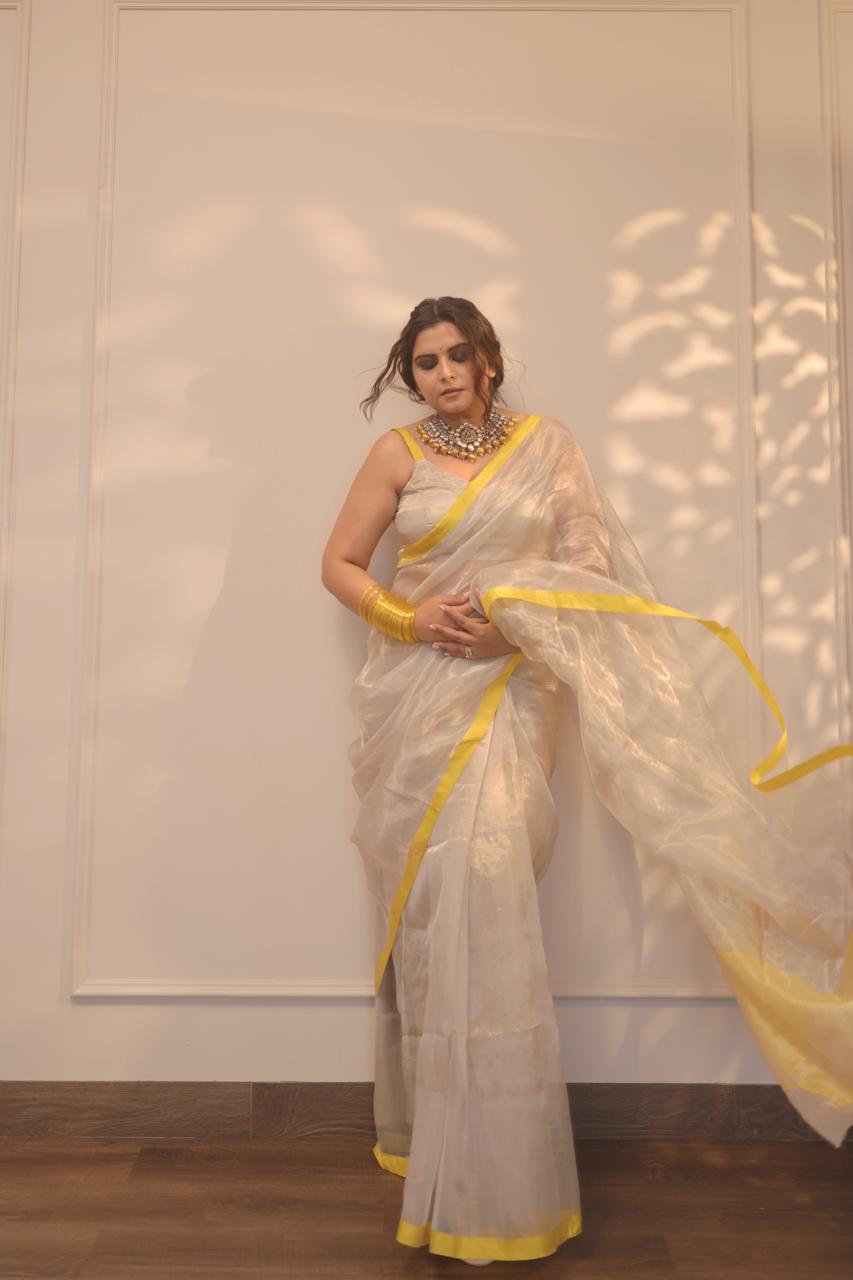 (Shop the look) Silver white and lemon chanderi tissue silk saree