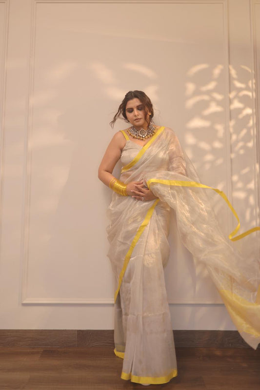 Silver white and lemon chanderi tissue silk saree