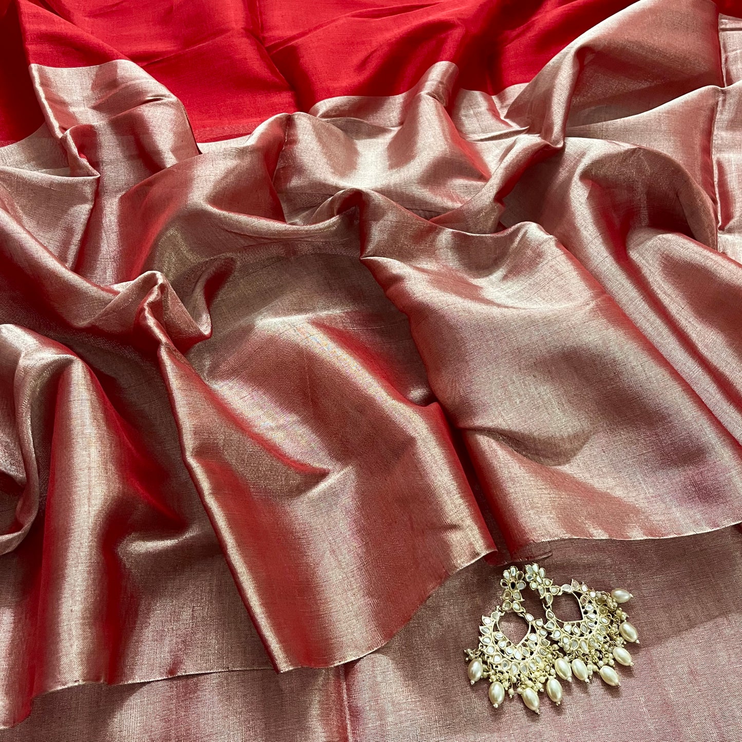 Silver and red chanderi tissue silk saree