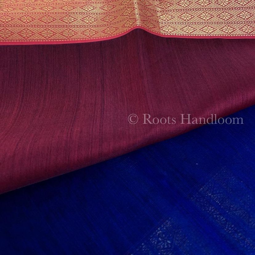 Dark blue and maroon Maheshwari saree with Zari pattern on Pallu