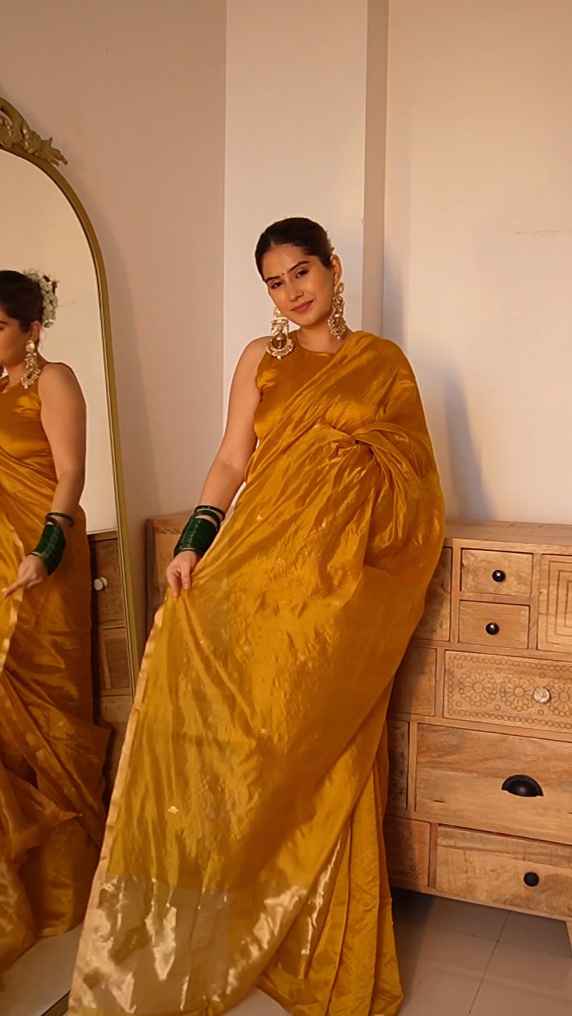 (Shop the look) Mustard gold chanderi silk saree with flower bootis all over