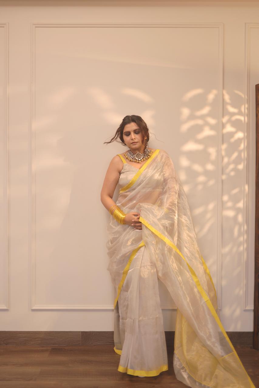 (Shop the look) Silver white and lemon chanderi tissue silk saree