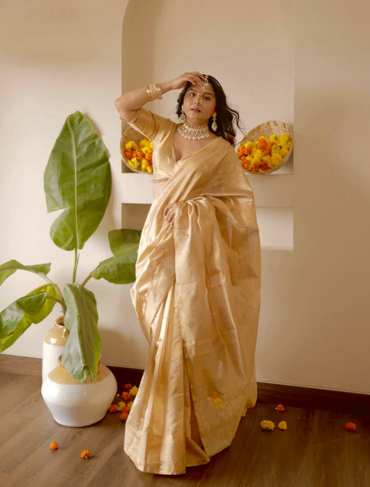 Gold chanderi silk saree with jhoomar motifs all over