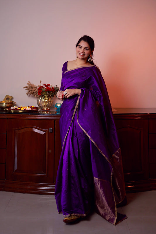 Violet chanderi silk saree with zari bootis all over