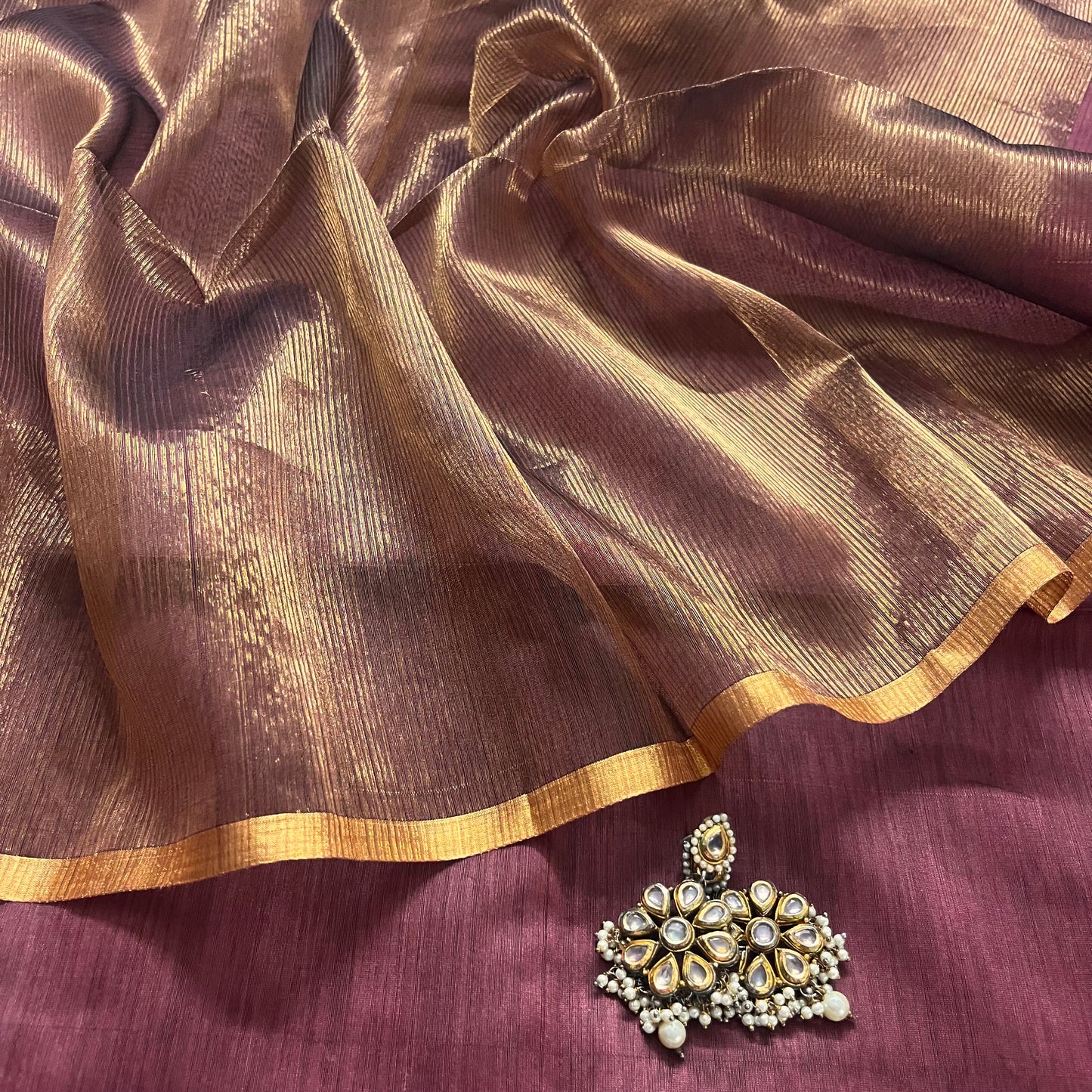 Rust pink and gold Maheshwari with zari border