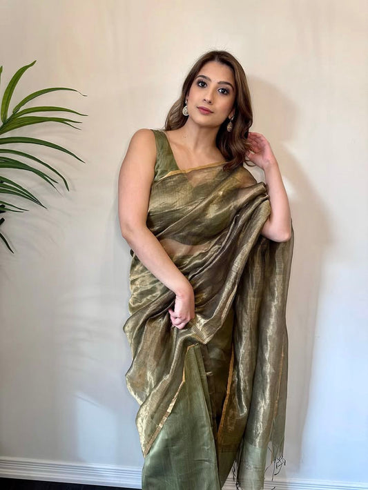 Olive and gold Maheshwari saree with zari border