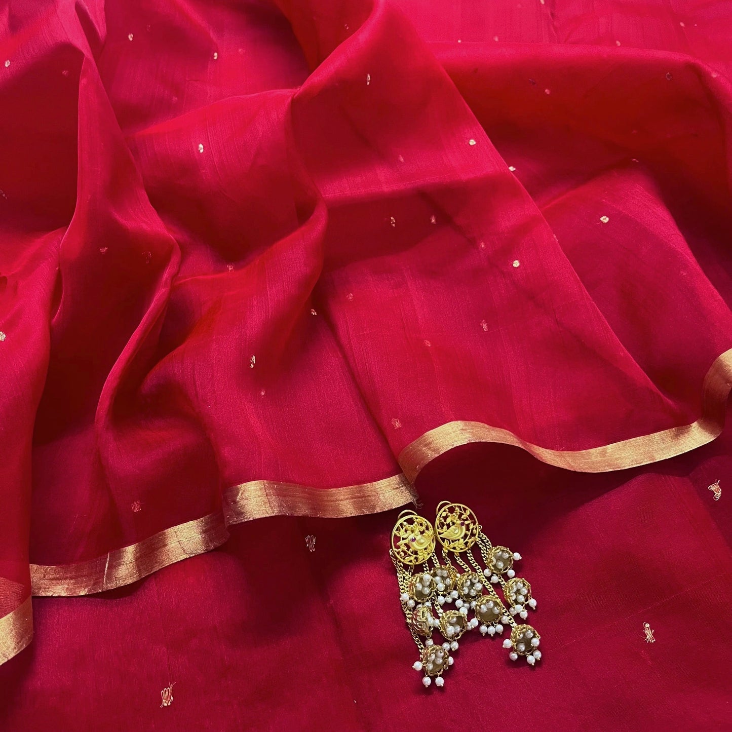 (Shop the look) Deep red chanderi organza silk saree with zari bootis all over