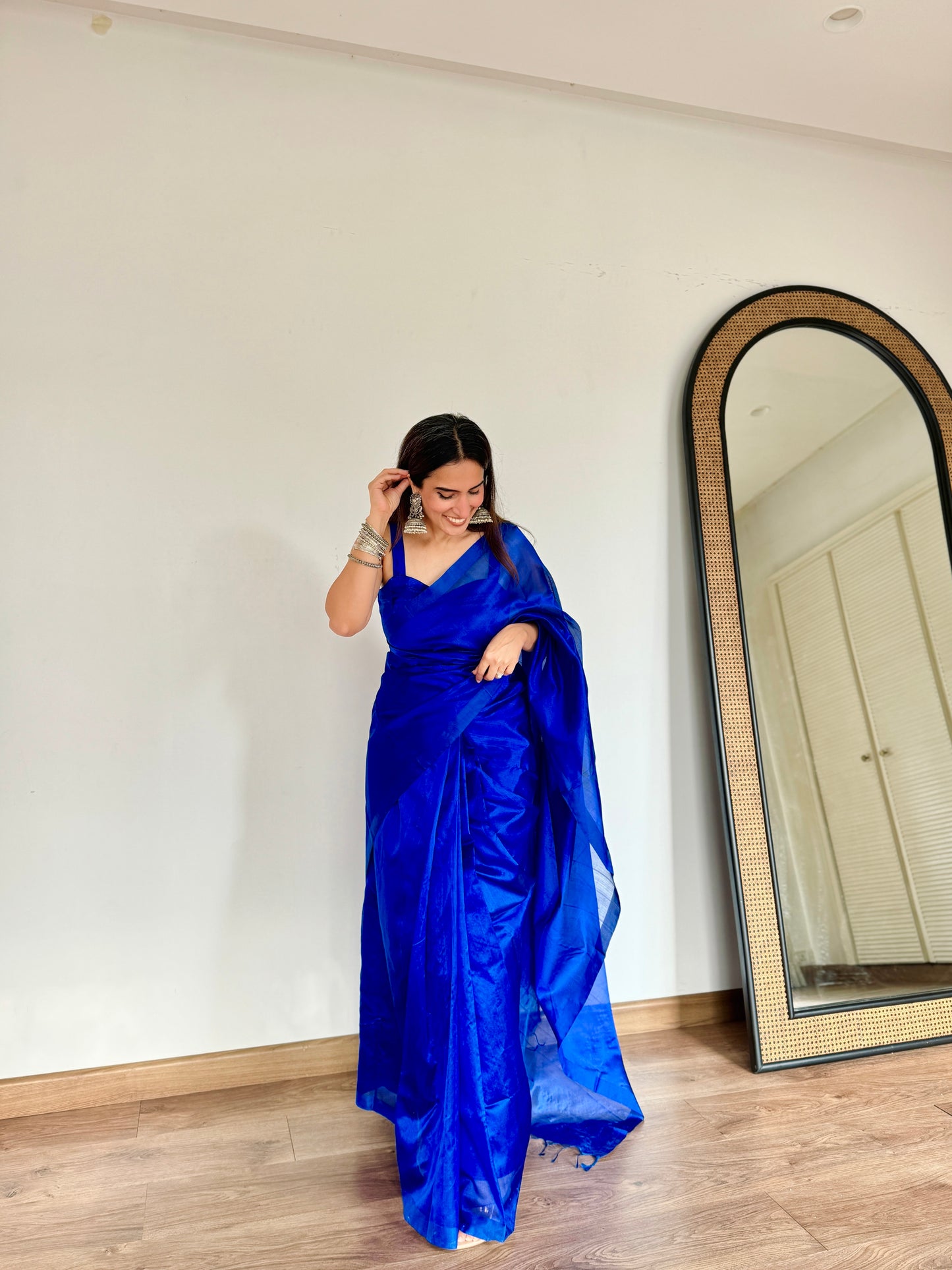 Electric blue Chanderi silk saree with silk border