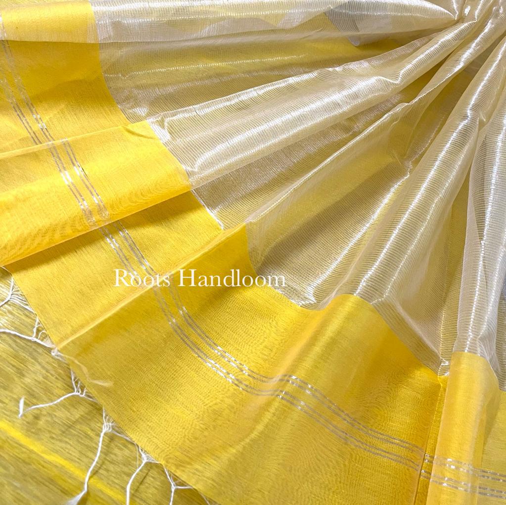 Yellow Maheshwari saree with Zari lines all over