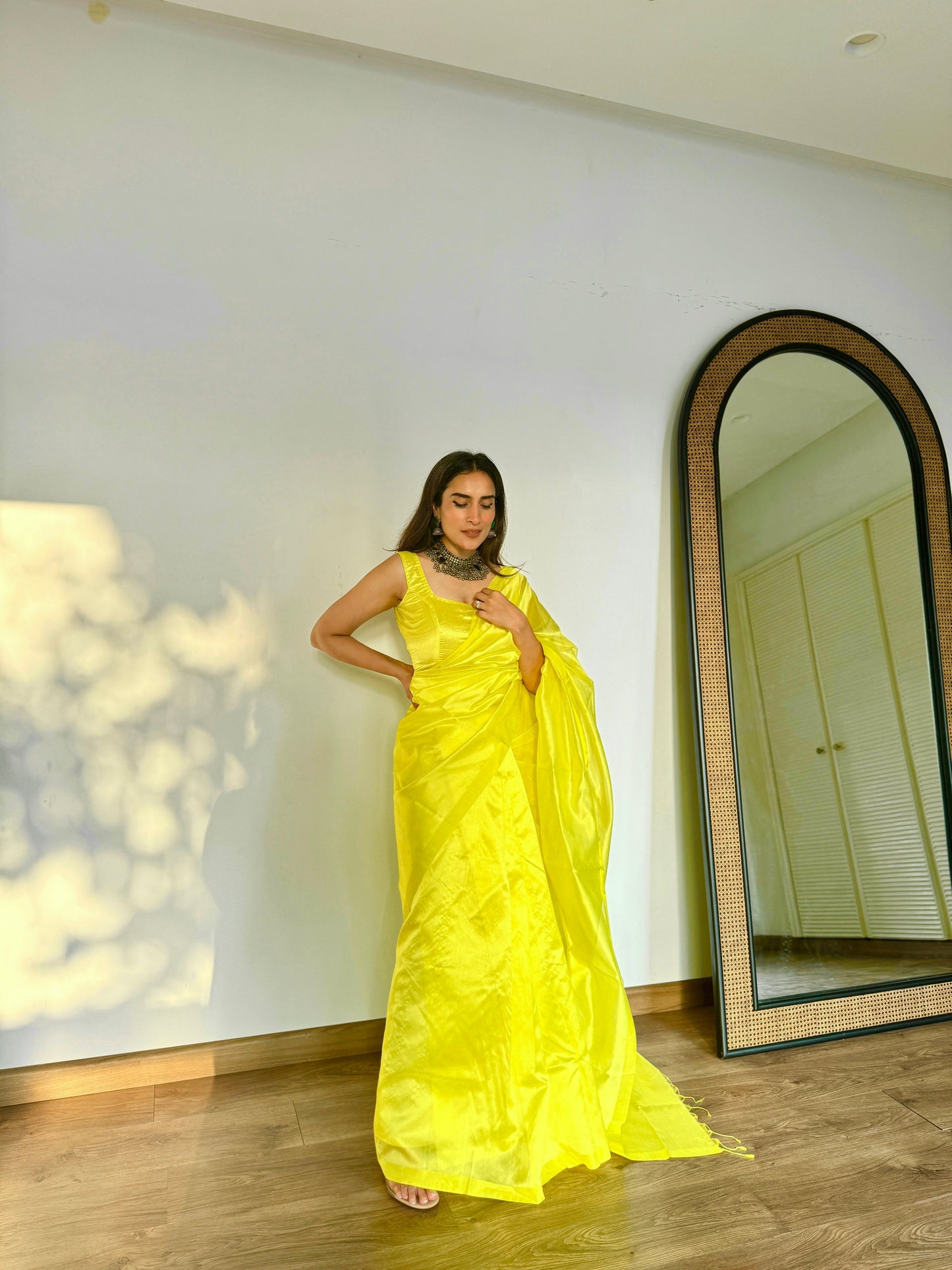 Lemon yellow Chanderi silk saree with silk border