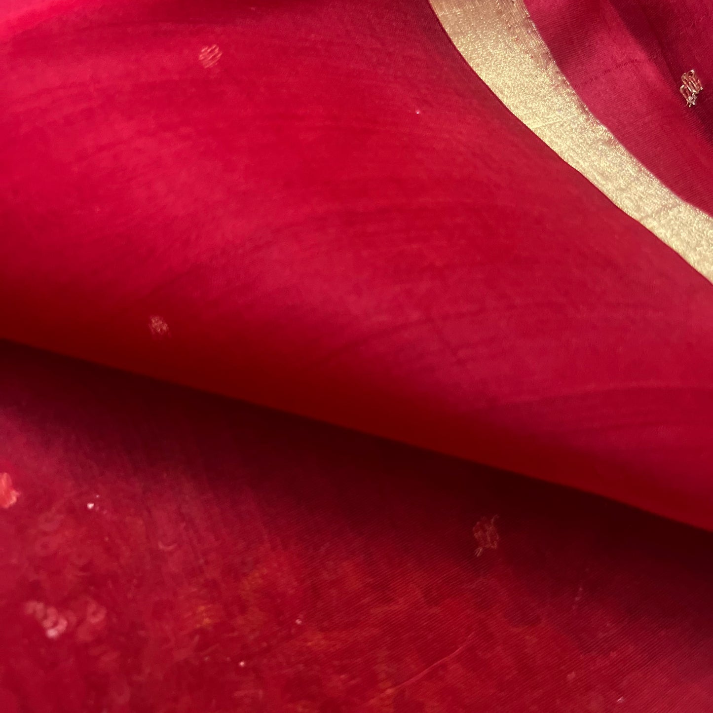 Deep red chanderi organza silk saree with zari bootis all over