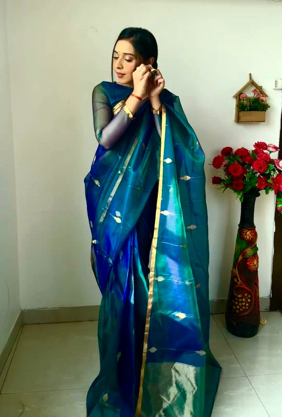 Traditional Peacock Blue Silk Saree For Wedding