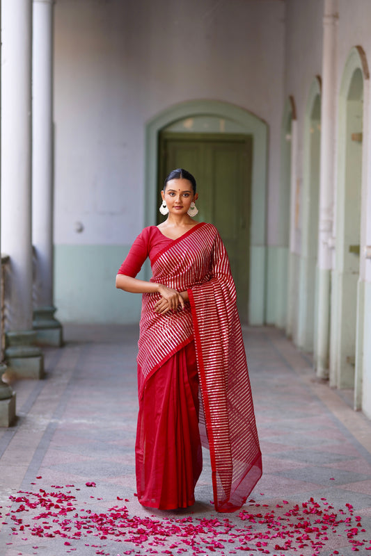 Deep red chanderi saree with intricate gota work all over