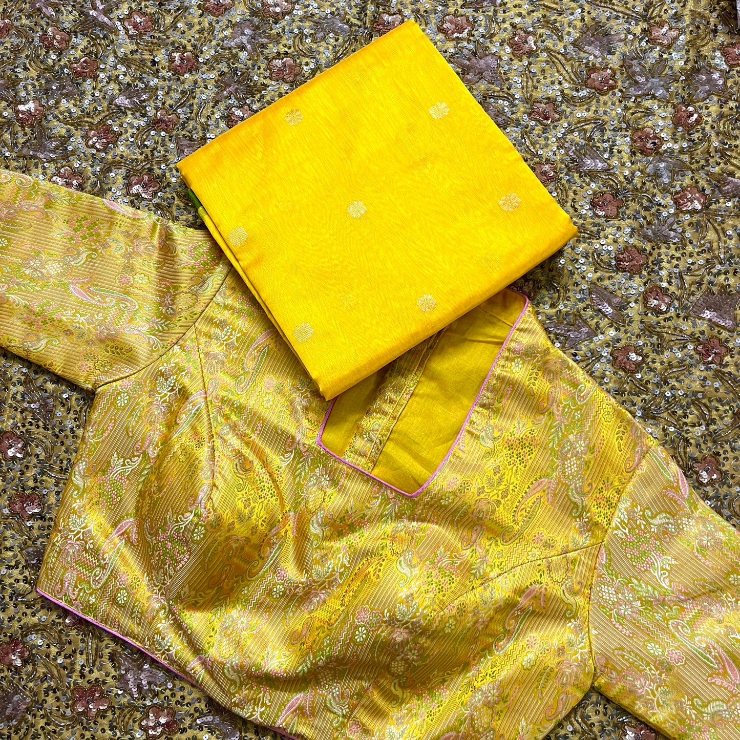 Yellow brocade silk stitched blouse