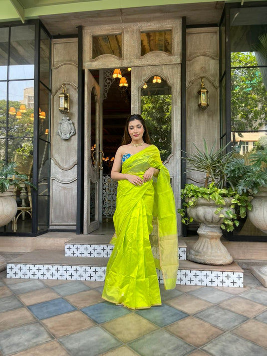 Tropical Lime Green Chanderi Silk Saree with Zari Bootis all over