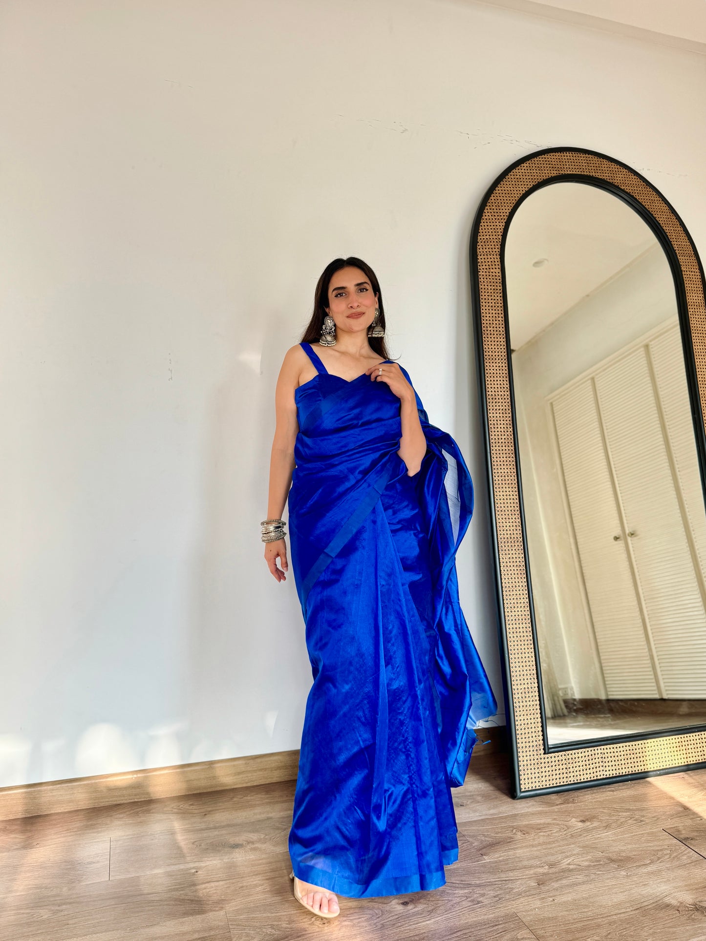 Electric blue Chanderi silk saree with silk border