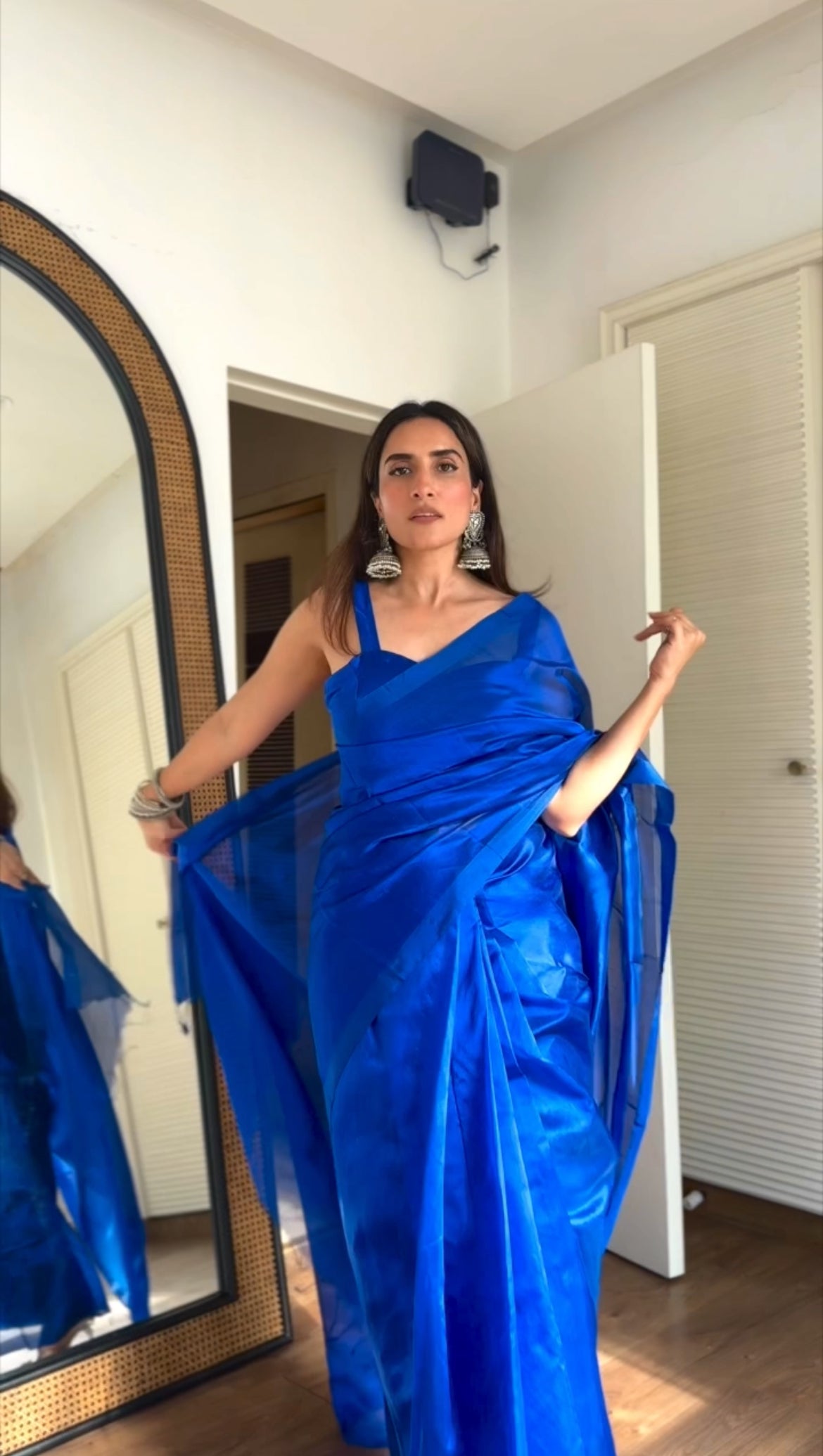 Electric blue Chanderi silk saree with silk border