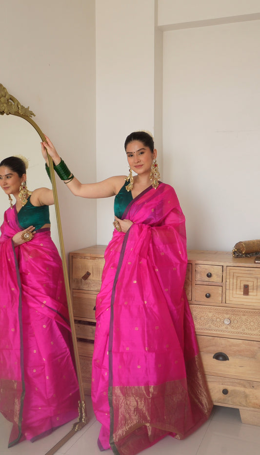 Magenta pink chanderi silk saree with flower bootis all over