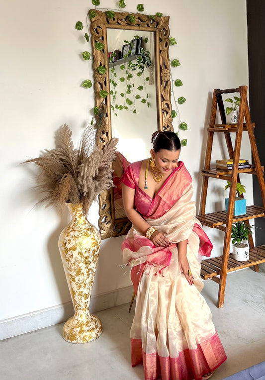 Champagne gold and pink maheshwari tissue silk saree