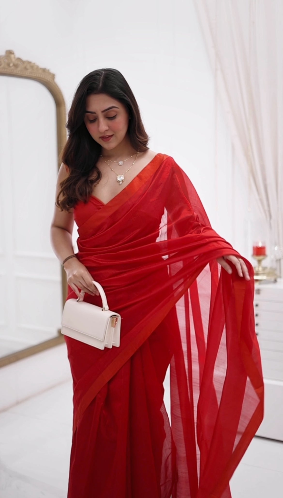 Red chanderi silk saree with silk border