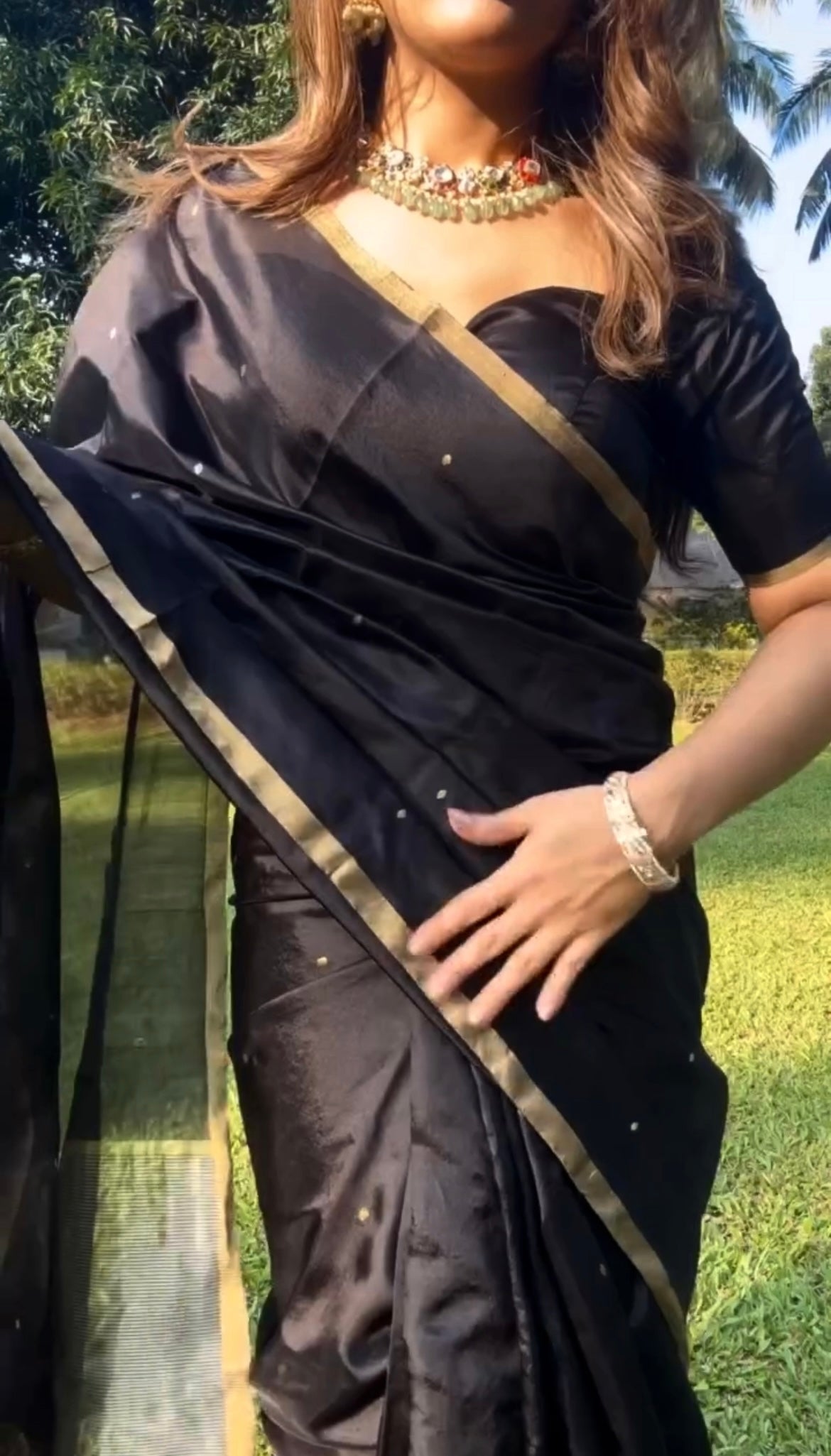 Black chanderi silk saree with zari bootis all over