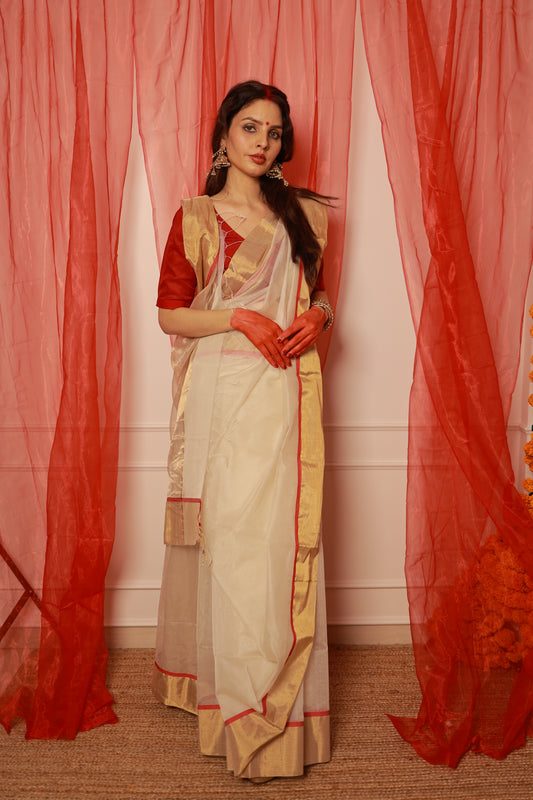 Off white & red maheshwari saree with zari lines on pallu