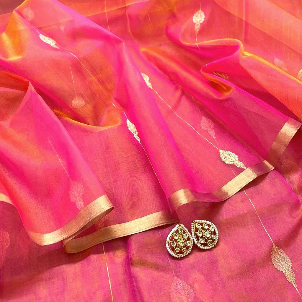 Coral pink dual tone Chanderi organza silk saree with jhumka motifs all over