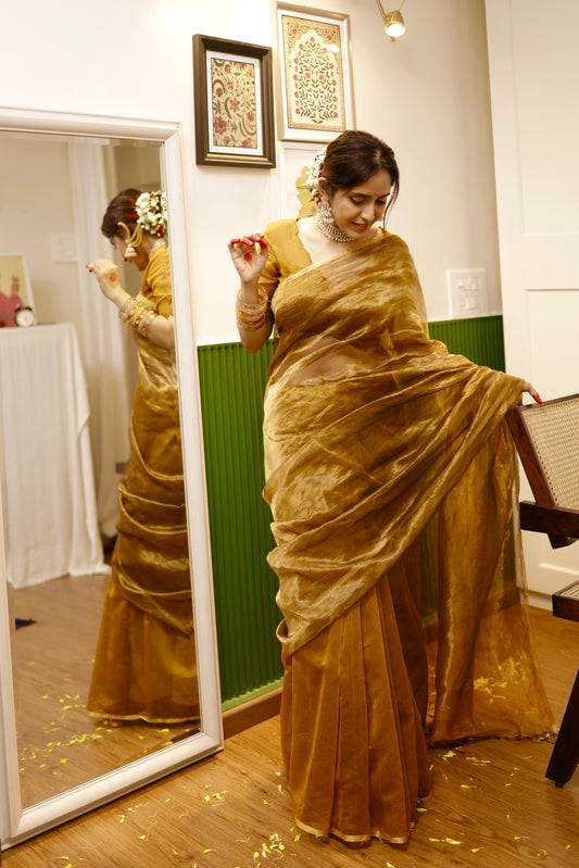 Mustard and gold maheshwari saree with zari border