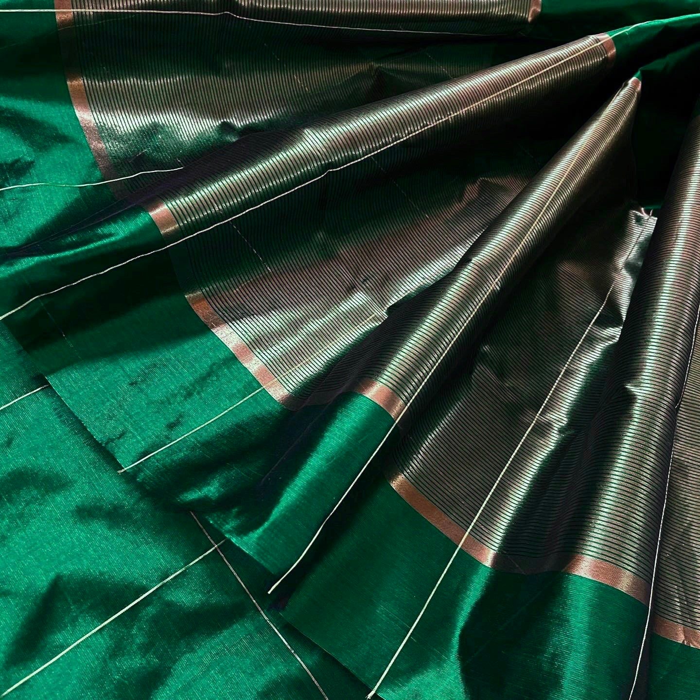 Dark Green Chanderi Silk Saree With Zari Checks All Over – Roots Handloom