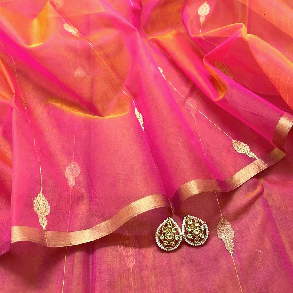 Coral pink dual tone Chanderi organza silk saree with jhumka motifs all over