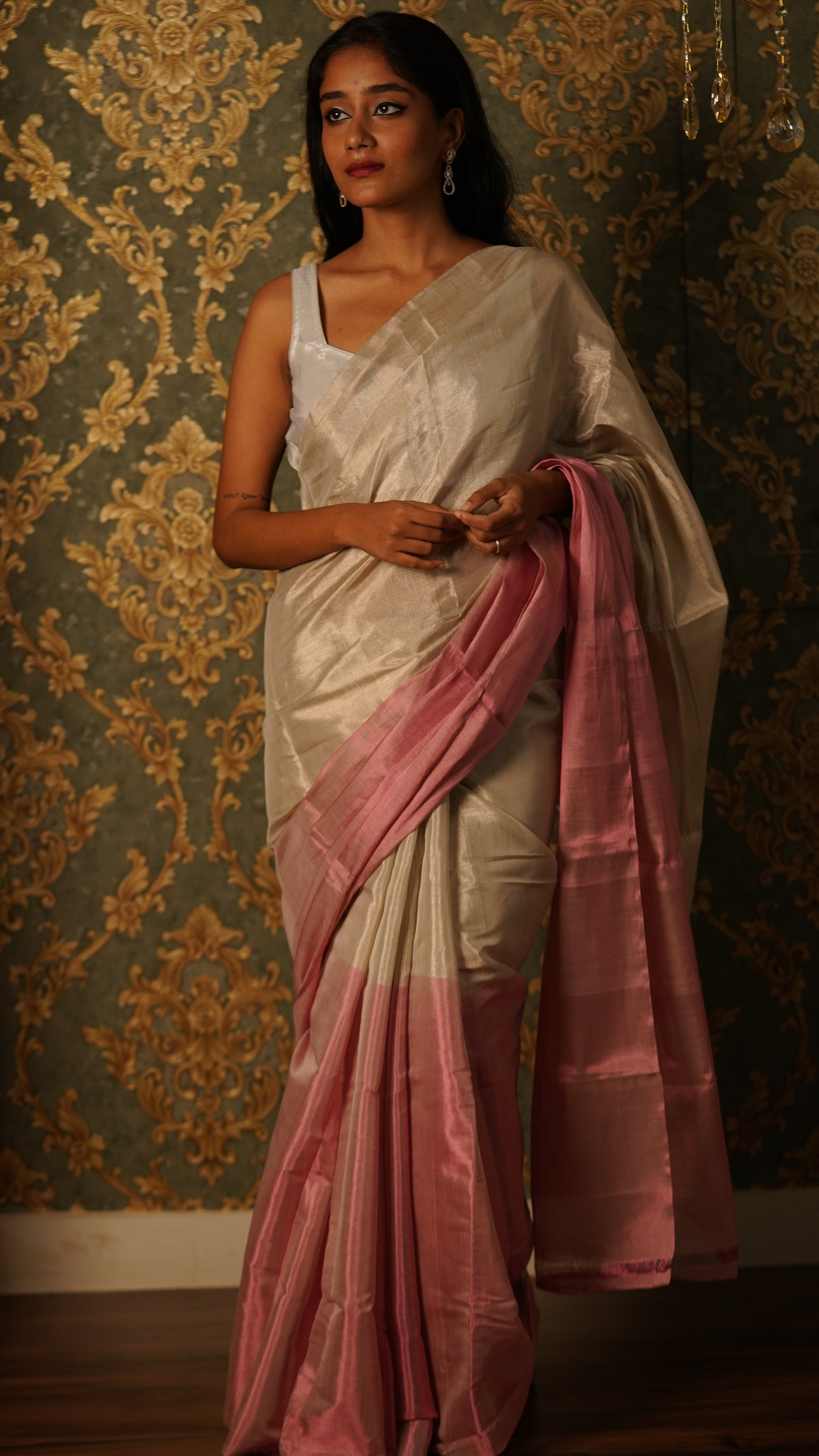 Silver and pink chanderi tissue silk saree