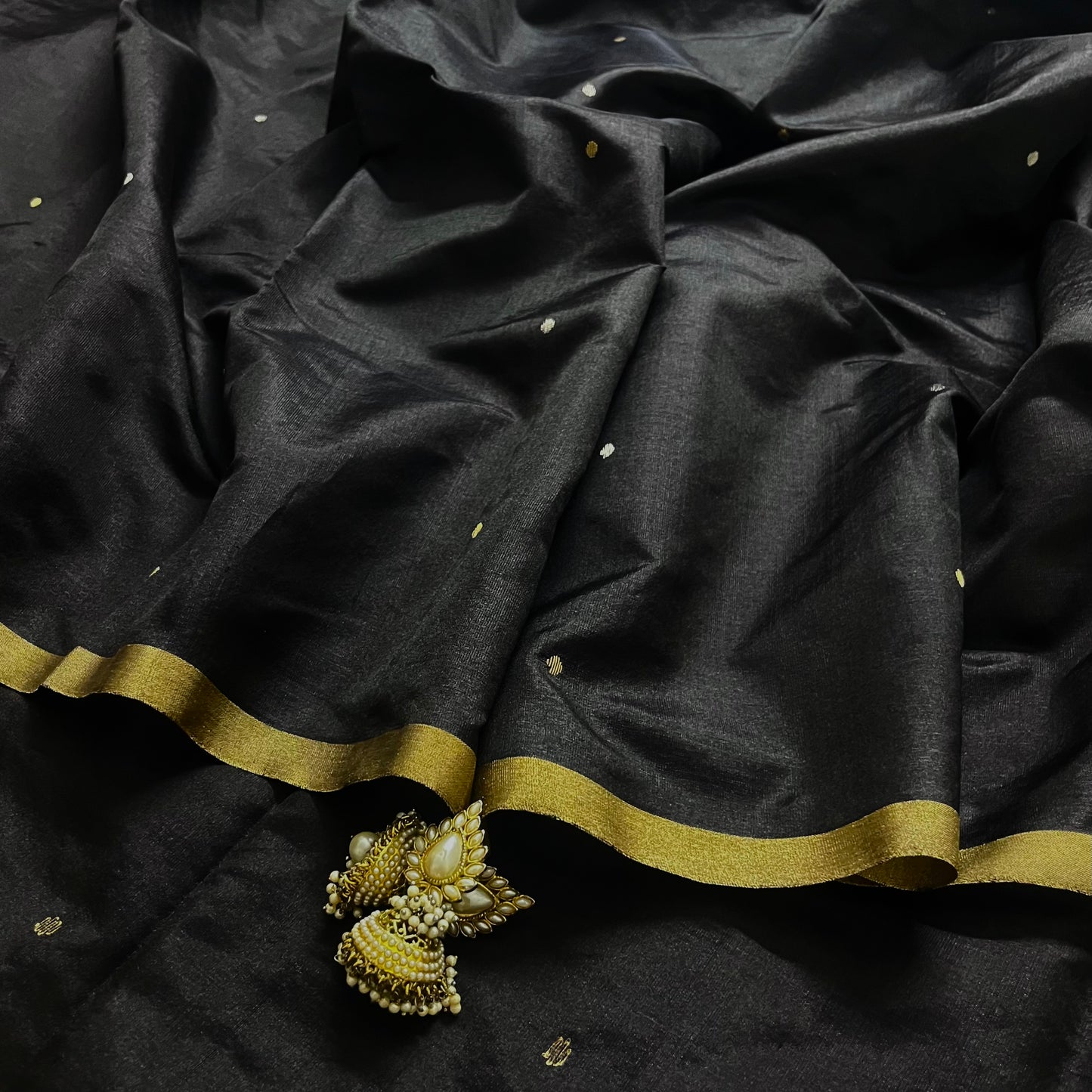 Black chanderi silk saree with zari bootis all over