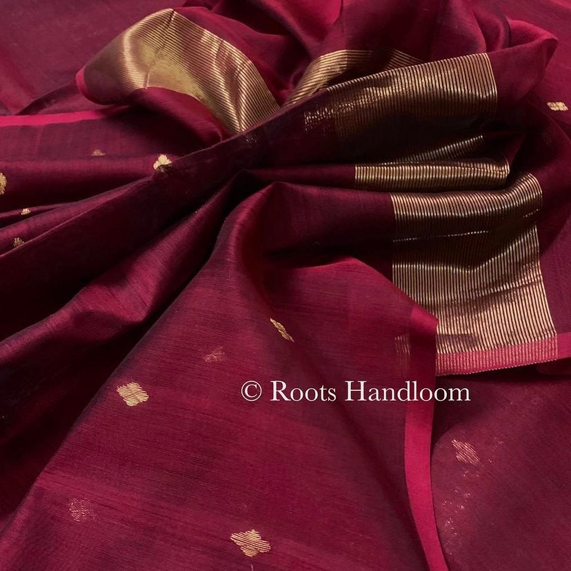 Deep maroon Maheshwari saree with zari bootis all over