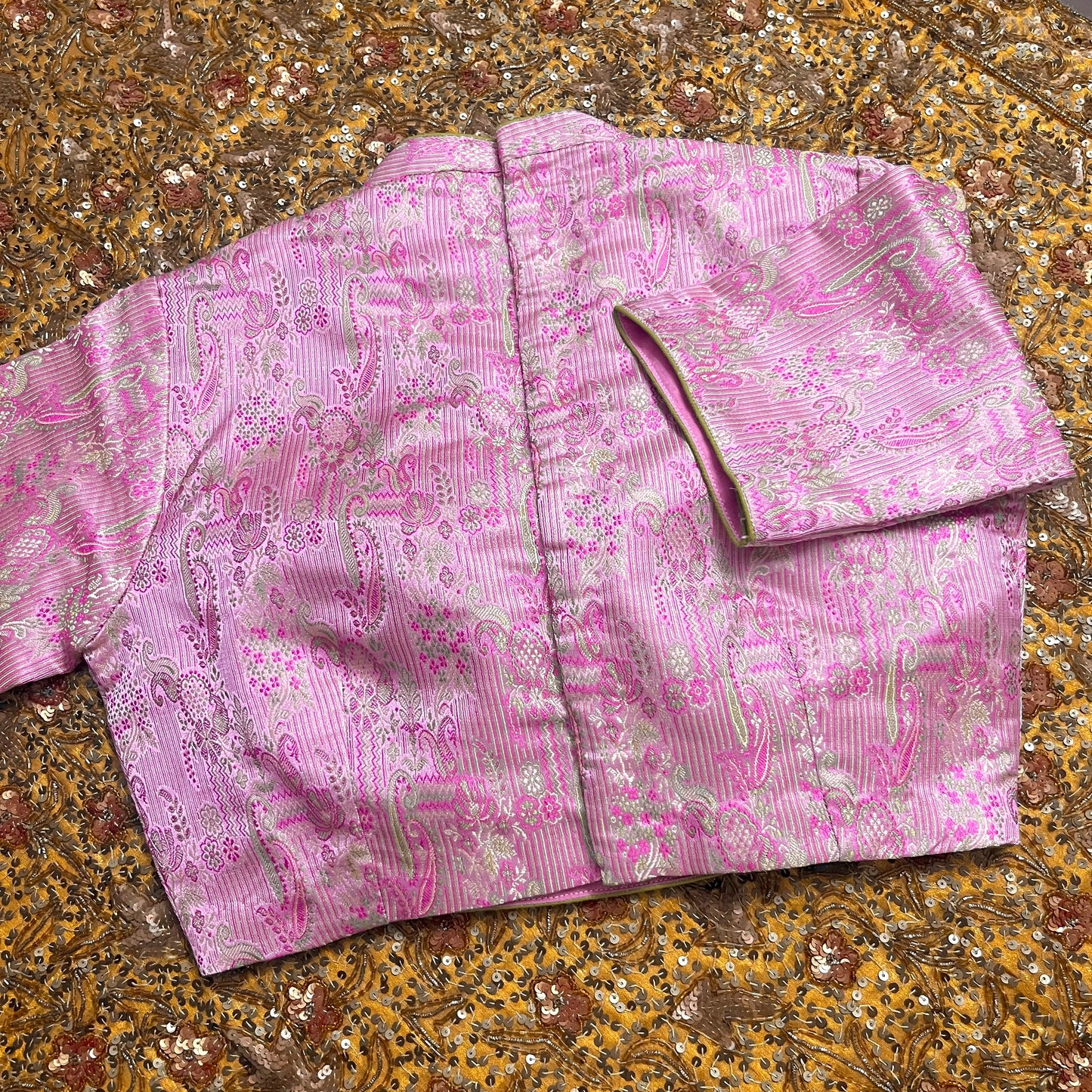 Pink brocade silk pre stitched blouse