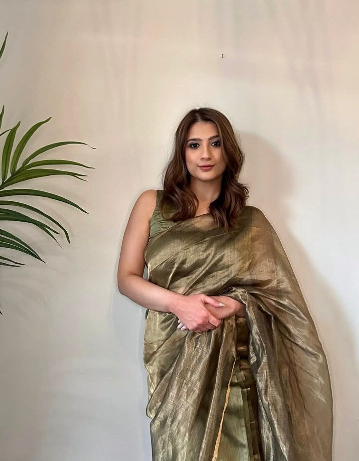 Olive and gold Maheshwari saree with zari border