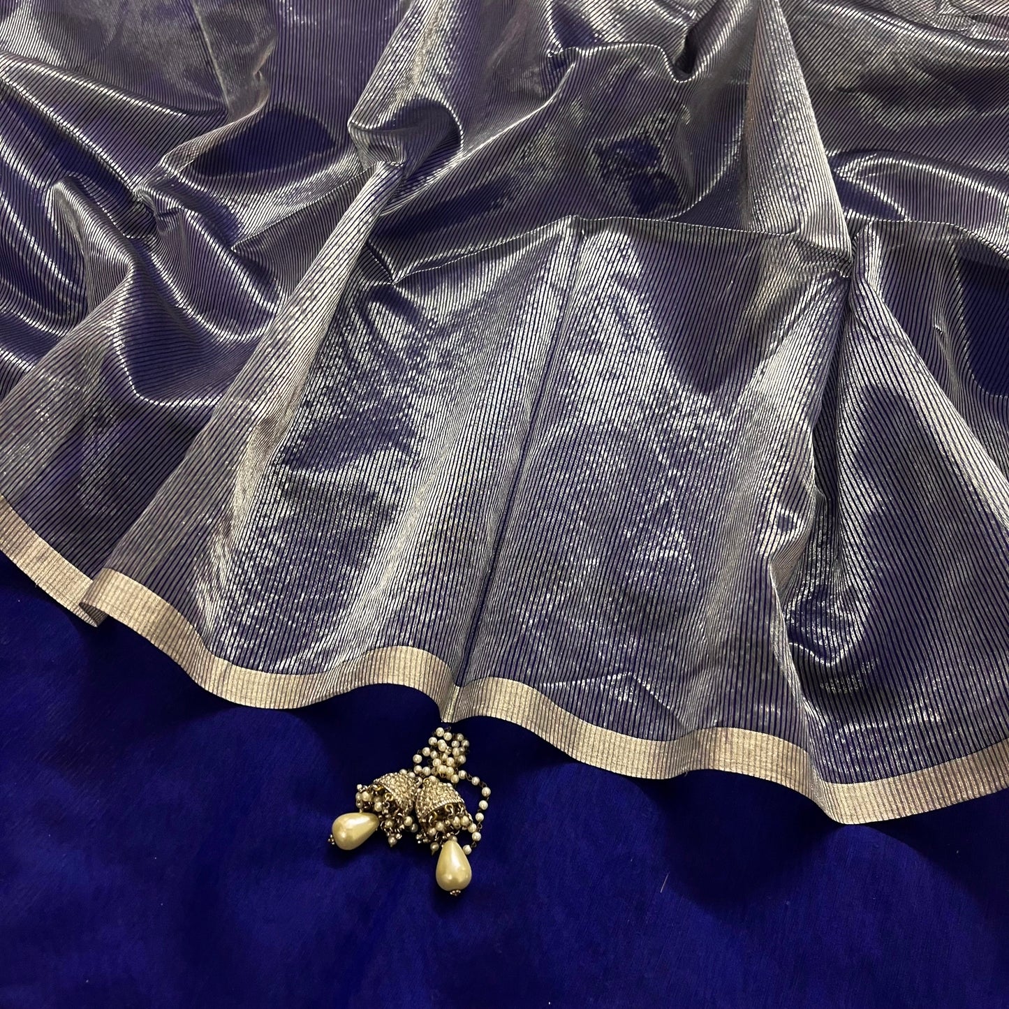 Dark blue and silver maheshwari saree with zari border