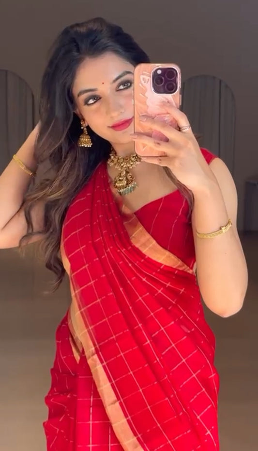 Red maheshwari saree with zari checks all over