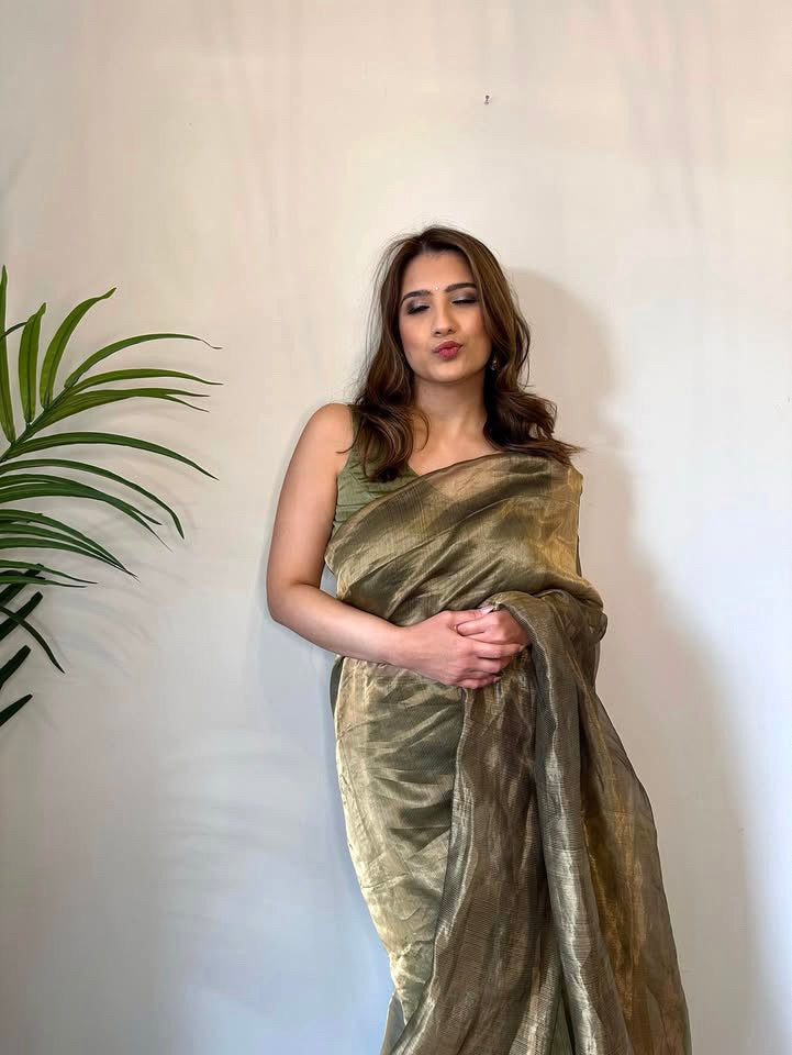 Olive and gold Maheshwari saree with zari border