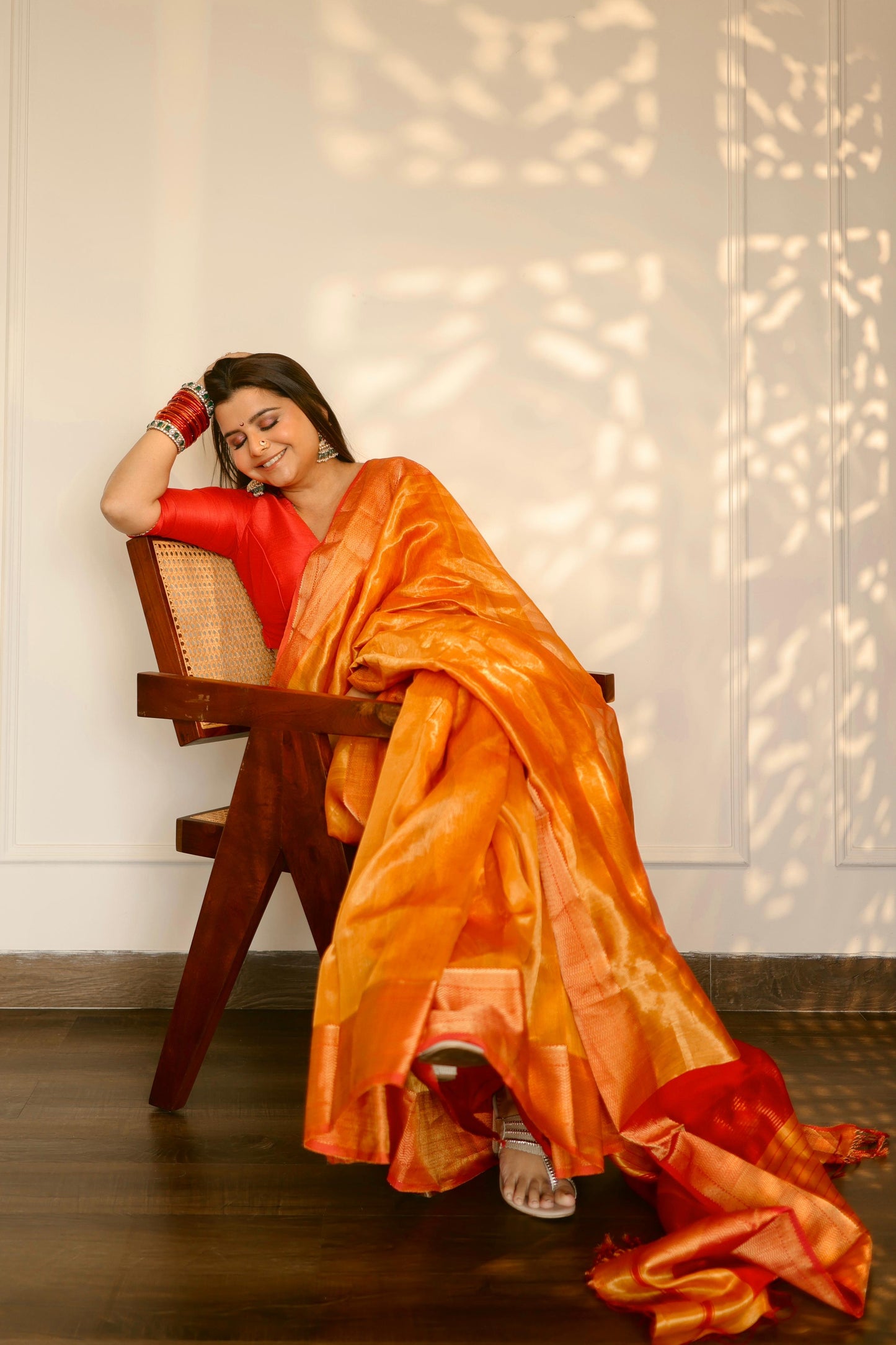 Mustard and red maheshwari tissue silk saree with zari pattern on pallu