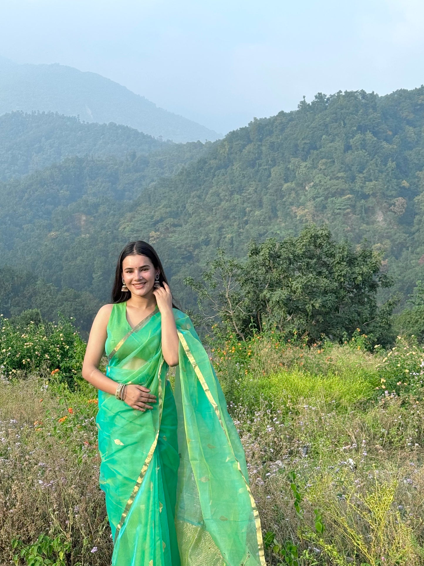 Green and gold dual tone chanderi organza silk saree with jhumka motifs all over