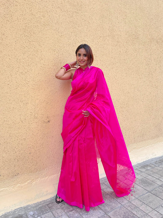 Hot pink chanderi silk saree with silk border