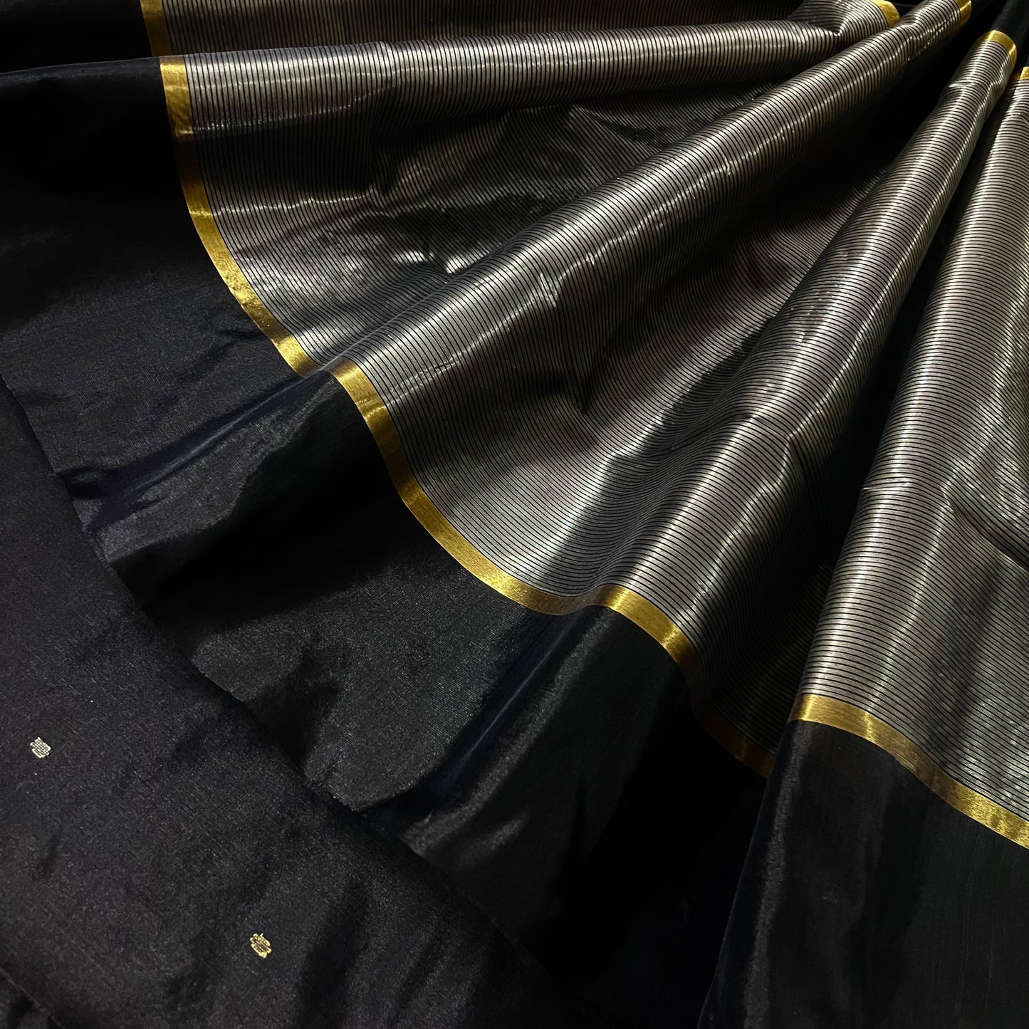 Black chanderi silk saree with zari bootis all over