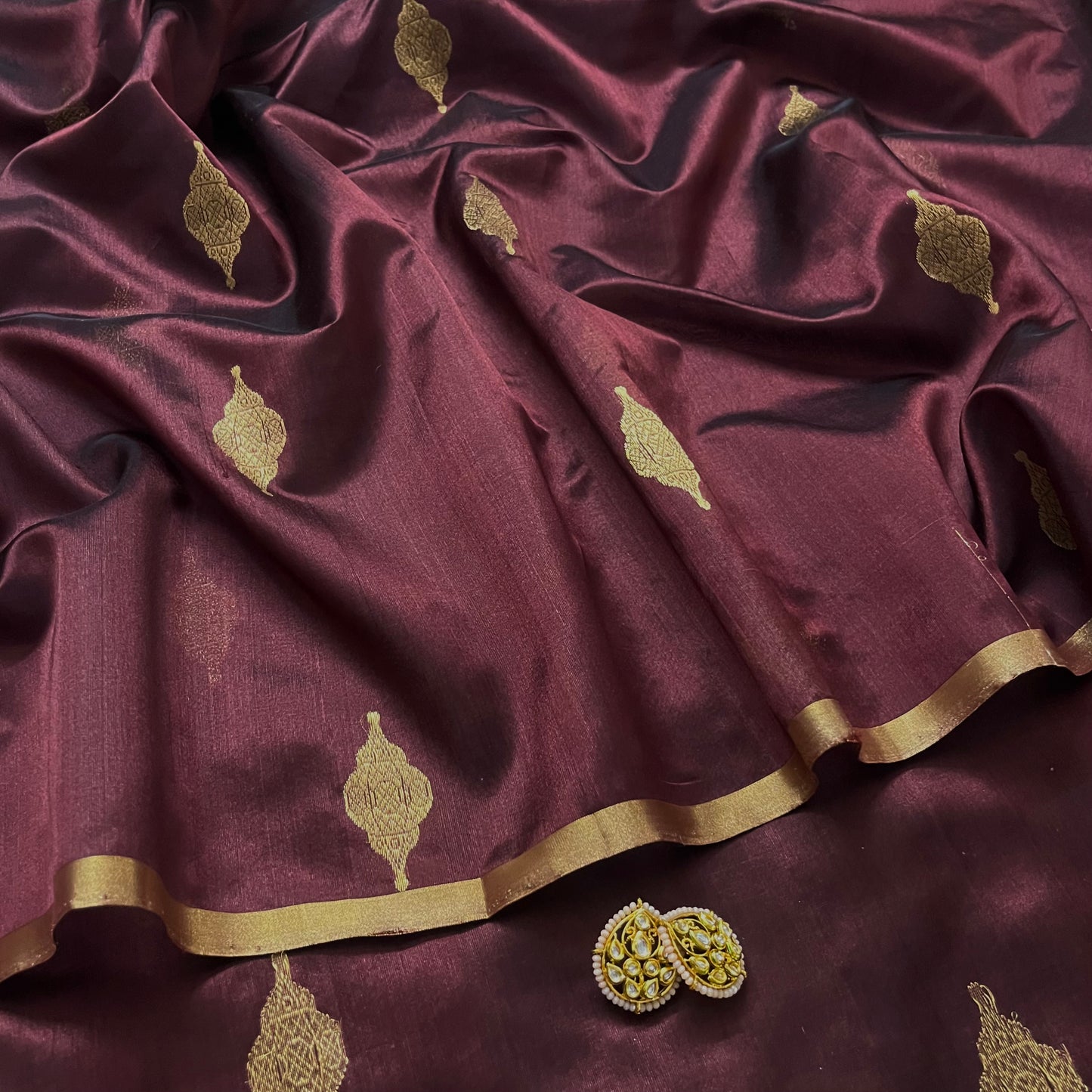 Cinnamon red chanderi silk saree with jhoomar motifs all over