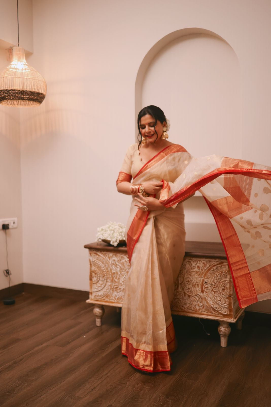 (Shop the look) Gold Beige & Red Chanderi Silk Saree with Zari bootis all over