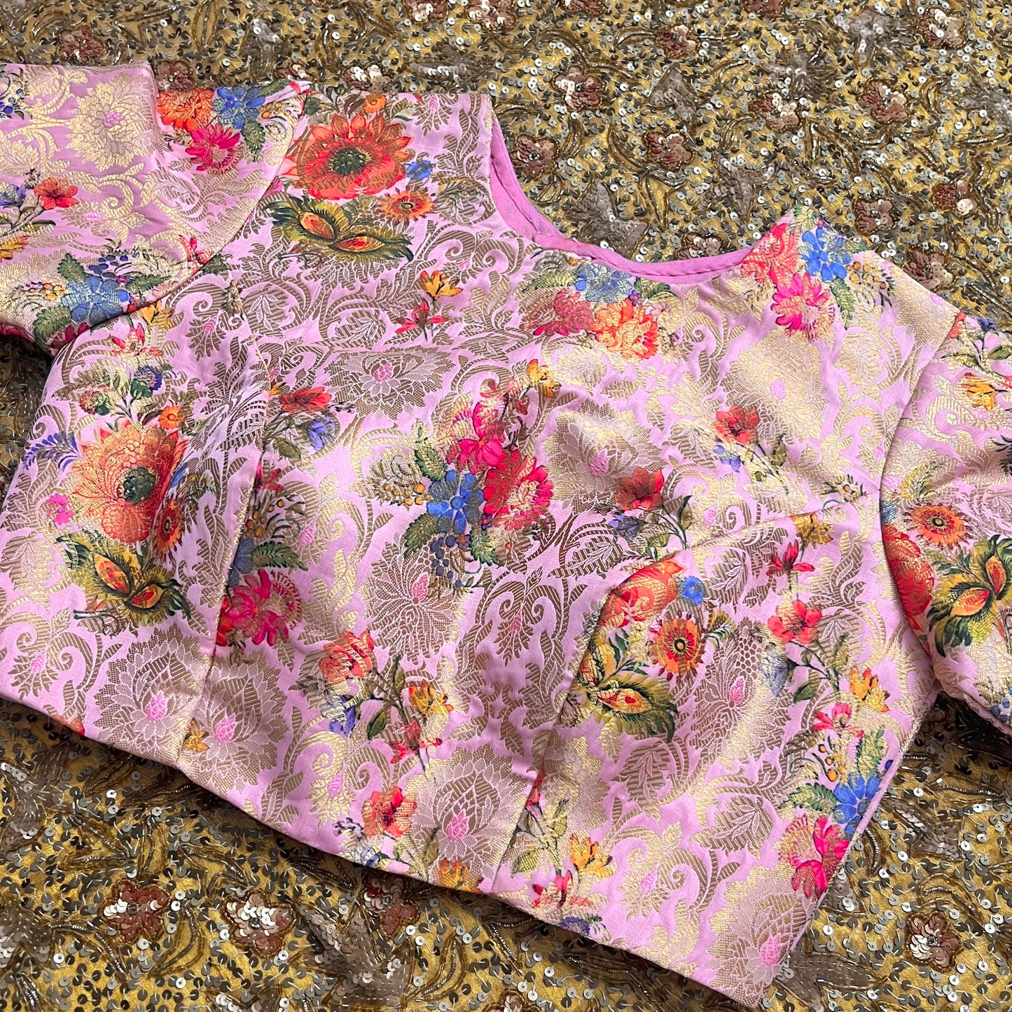 Rose pink brocade silk pre stitched blouse